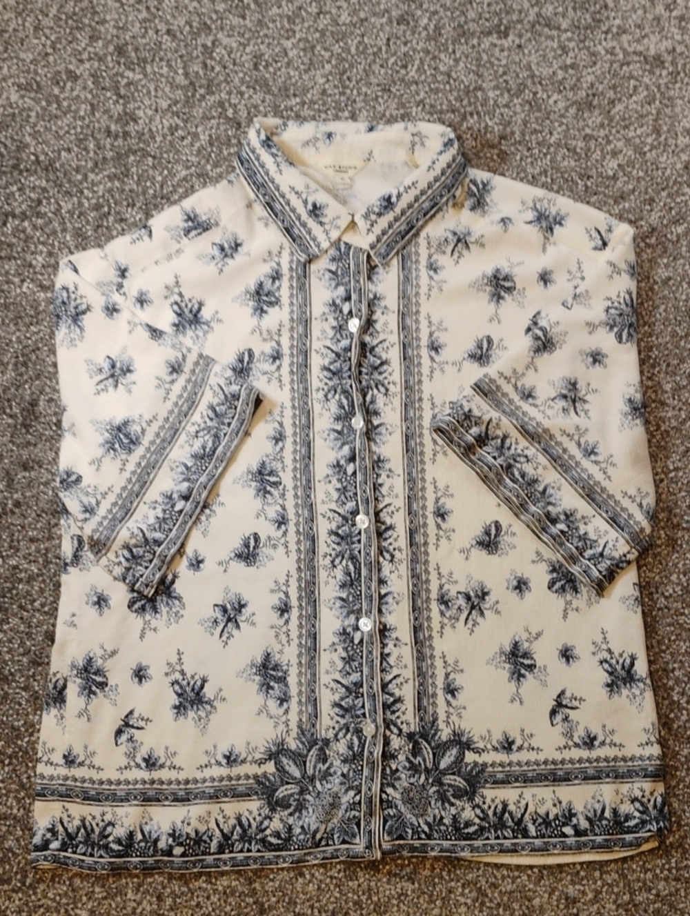 Max Studio Cream and Navy Floral Button-Down Shirt